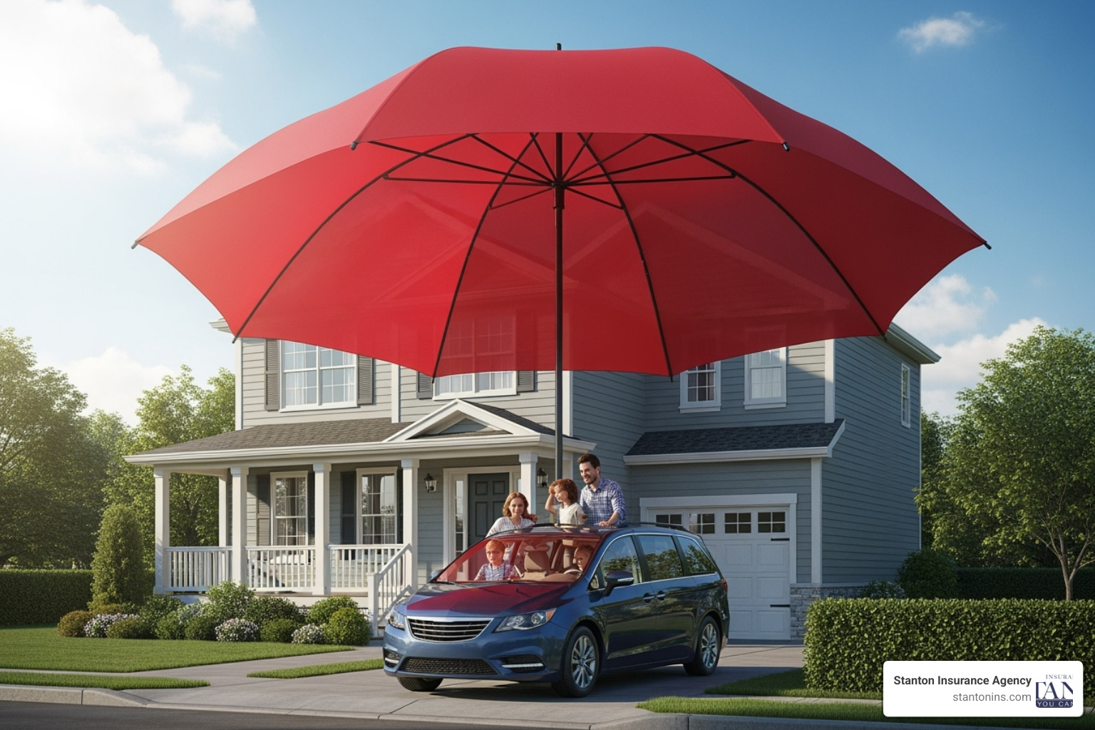 Family driving away from home with a large umbrella covering them - personal liability umbrella insurance cost
