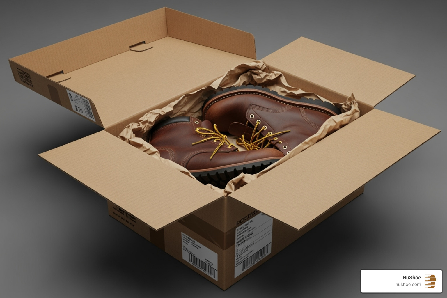 shipping box with boots ready to be mailed for repair - work boot repair