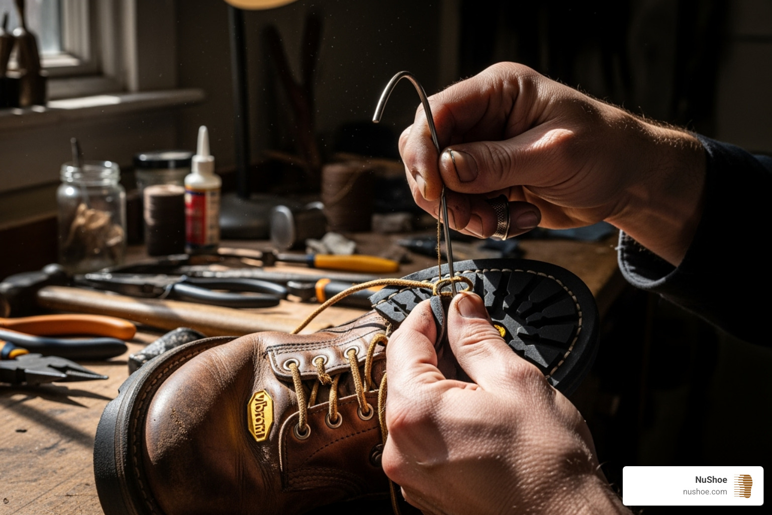 NuShoe cobbler stitching a new Vibram sole onto a work boot - work boot repair