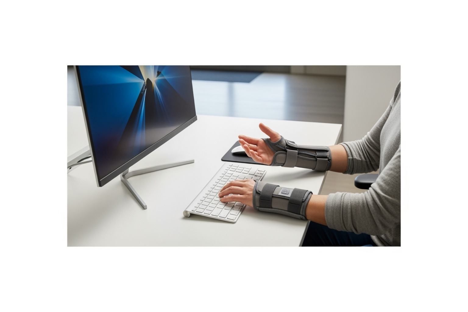 Person wearing a wrist splint while using a computer, demonstrating ergonomic adjustments - carpal tunnel cream