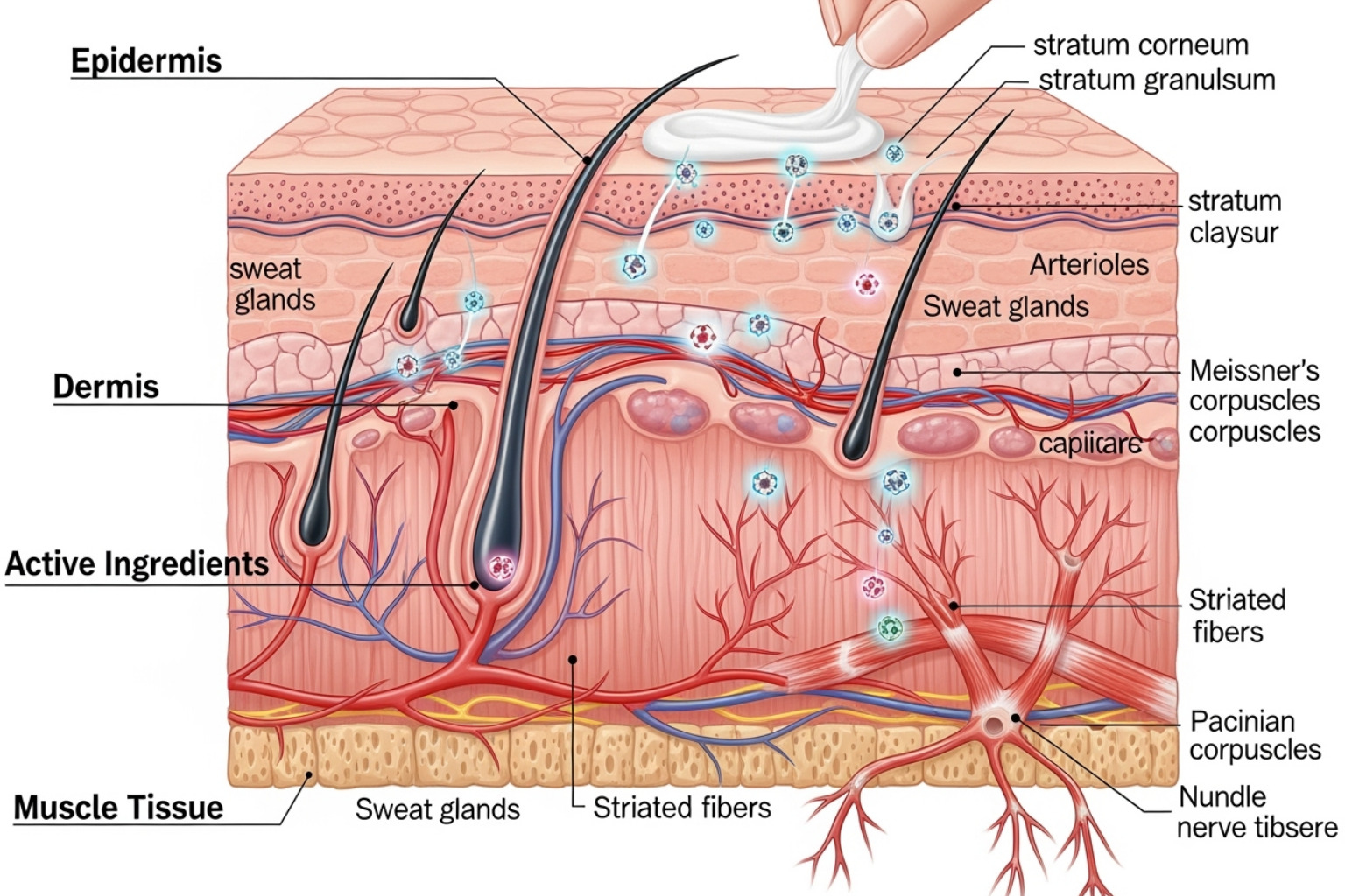 Illustration of skin layers showing how topical cream penetrates the epidermis and dermis to reach underlying muscle and nerve tissues - carpal tunnel cream