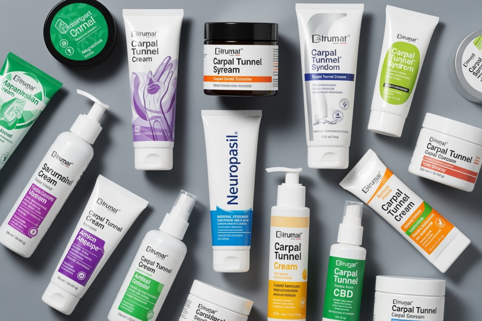 Assortment of carpal tunnel cream products, including Neuropasil, emphasizing variety and choice - carpal tunnel cream