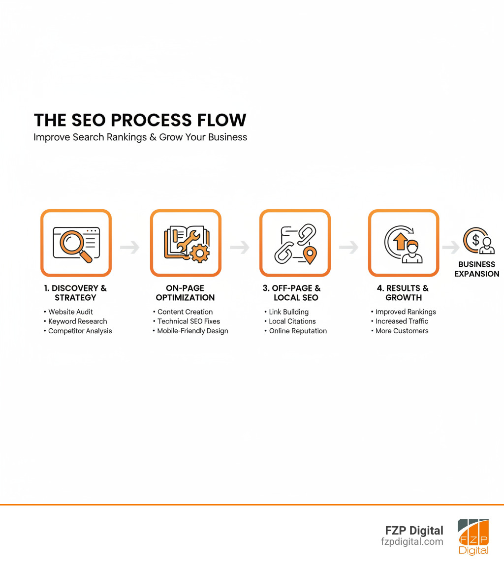 Comprehensive infographic showing the SEO process flow: starting with website audit and keyword research, moving through on-page optimization including content creation and technical fixes, then off-page strategies like link building and local citations, finally leading to improved rankings, increased traffic, and more customers - Improve search ranking infographic 