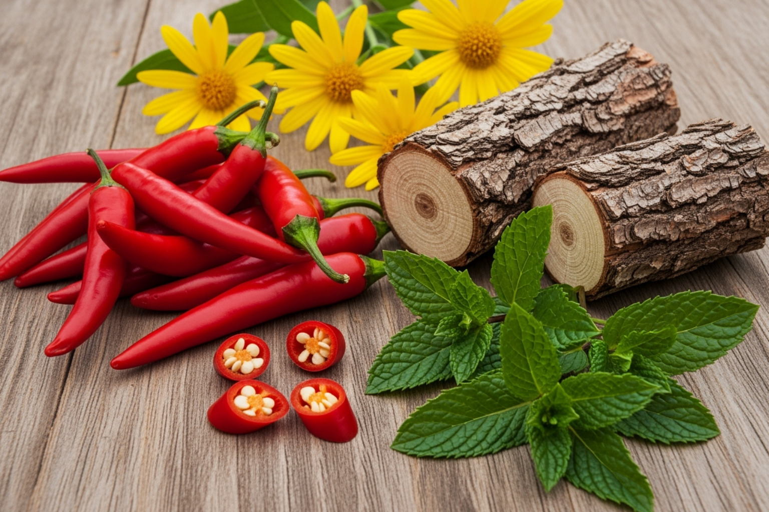 Natural ingredients for pain relief, including chili pepper, arnica flower, peppermint leaf, and willow bark - arthritis cream pain relief