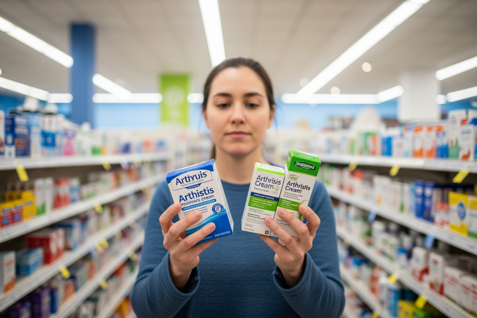 Person comparing two different arthritis cream boxes in a pharmacy aisle, looking thoughtful - arthritis cream pain relief