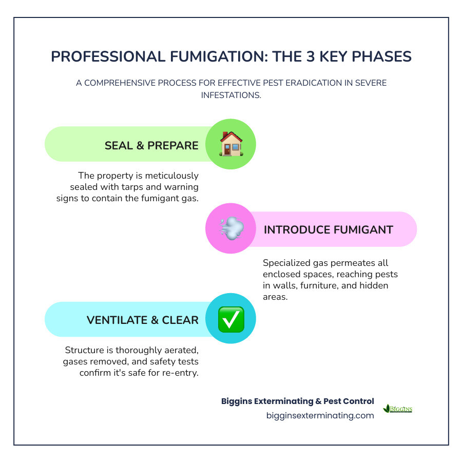 Comprehensive infographic showing the three main phases of professional fumigation: Phase 1 shows a house being sealed with tarps and warning signs posted, Phase 2 displays gas molecules penetrating throughout the sealed structure reaching hidden pests in walls and furniture, Phase 3 illustrates the aeration process with fans removing gases and safety testing before re-entry - local fumigation services infographic infographic-line-3-steps-colors Comprehensive infographic showing the three main phases of professional fumigation: Phase 1 shows a house being sealed with tarps and warning signs posted, Phase 2 displays gas molecules penetrating throughout the sealed structure reaching hidden pests in walls and furniture, Phase 3 illustrates the aeration process with fans removing gases and safety testing before re-entry - local fumigation services infographic infographic-line-3-steps-colors