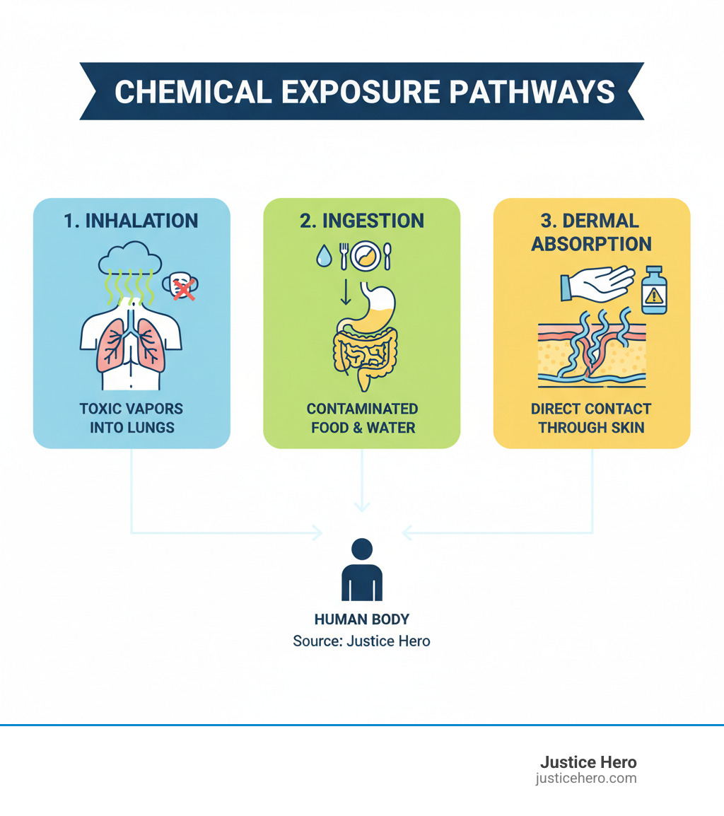 Detailed infographic showing the three main pathways of chemical exposure into the human body: inhalation through the lungs with toxic vapors, ingestion through the digestive system with contaminated food and water, and dermal absorption through the skin with direct chemical contact - chemical exposure lawsuit infographic 