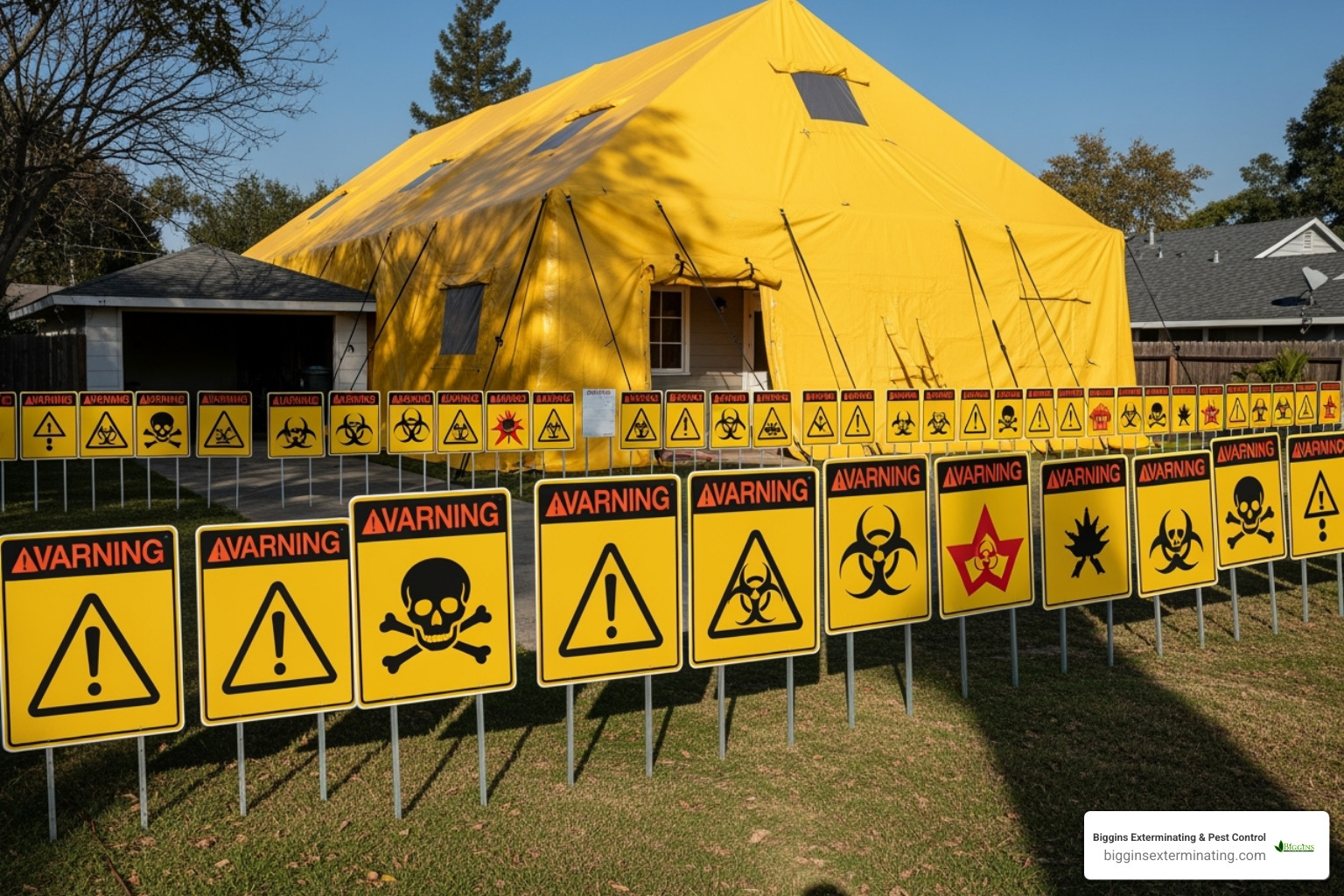 Warning signs posted outside a building with tenting, indicating "Danger," "Keep Out," and information about the fumigation process - local fumigation services Warning signs posted outside a building with tenting, indicating "Danger," "Keep Out," and information about the fumigation process - local fumigation services
