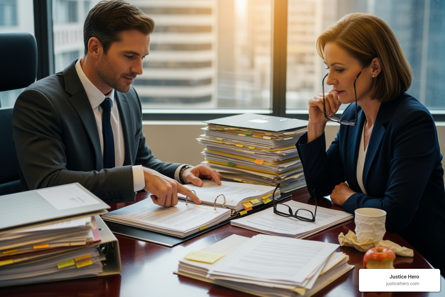 lawyer and client reviewing a stack of documents - chemical exposure lawsuit