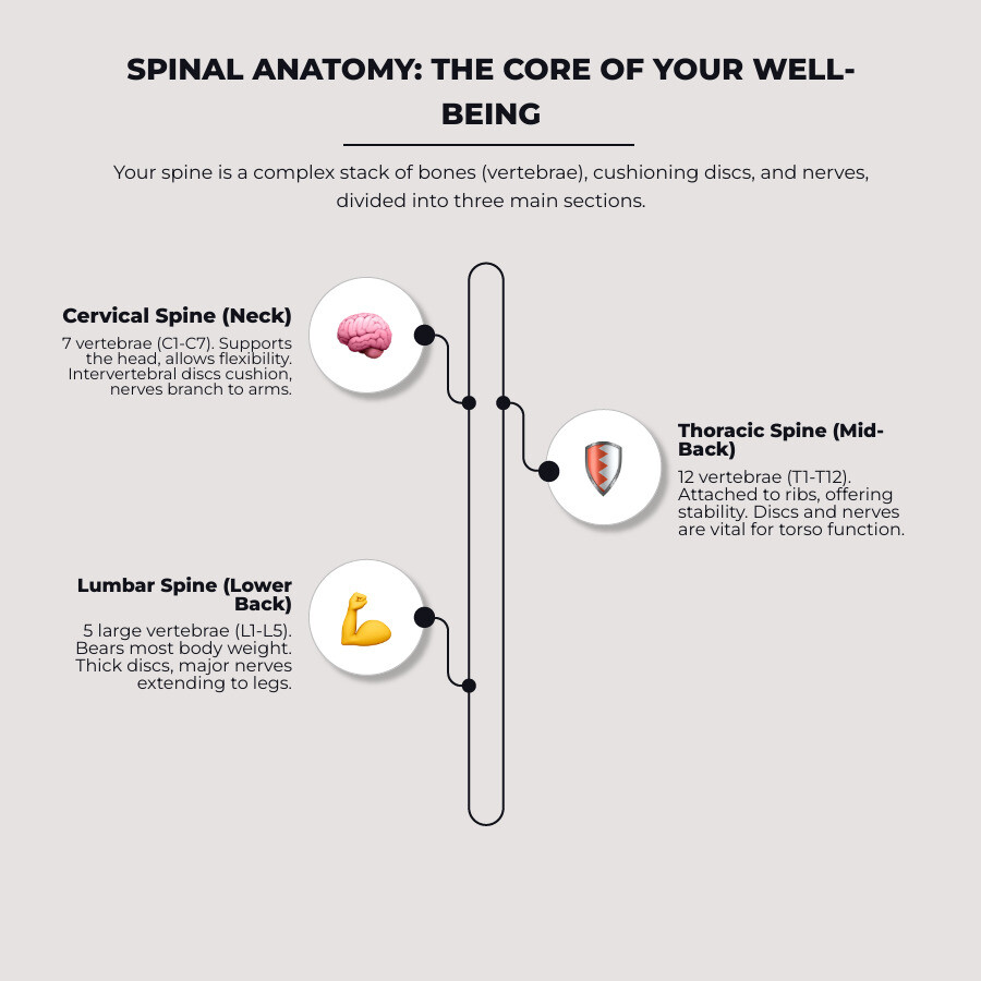 Comprehensive infographic showing the anatomy of the cervical spine (7 vertebrae in the neck), thoracic spine (12 vertebrae in the upper/mid back), and lumbar spine (5 vertebrae in the lower back), with detailed illustrations of individual vertebrae, intervertebral discs, spinal cord, and nerve roots extending from each level - back and neck pain infographic infographic-line-3-steps-neat_beige