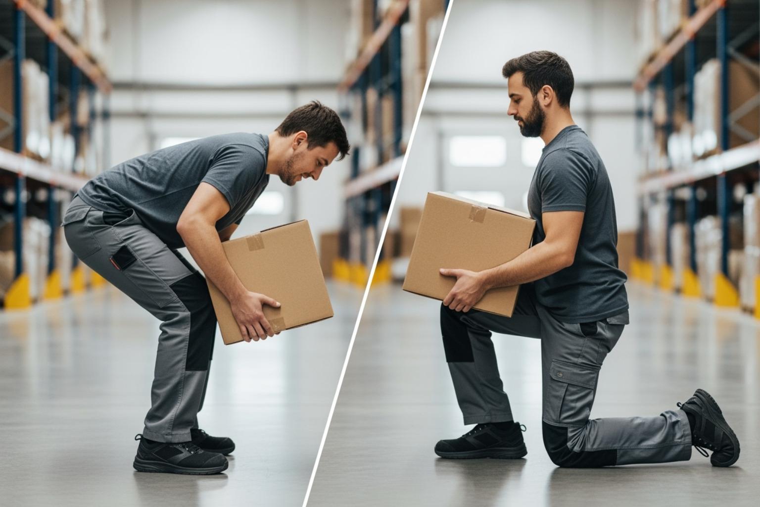 illustrating poor vs. good lifting posture - back muscles strain