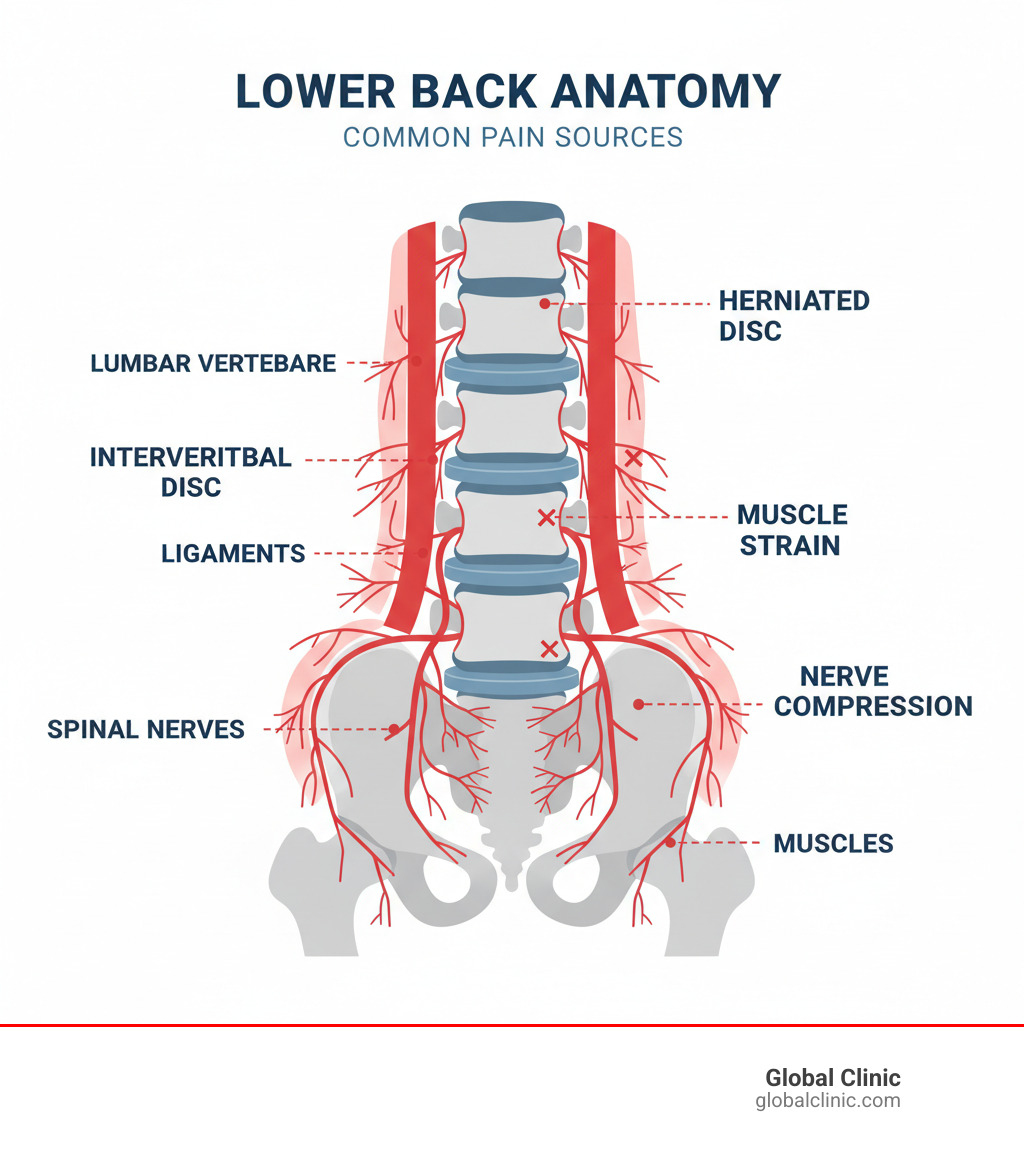 Comprehensive infographic showing lower back anatomy including lumbar spine vertebrae, intervertebral discs, spinal nerves, surrounding muscles and ligaments, with labels indicating common pain sources like herniated discs, muscle strain, and nerve compression - lower back pain treatment near me infographic  Comprehensive infographic showing lower back anatomy including lumbar spine vertebrae, intervertebral discs, spinal nerves, surrounding muscles and ligaments, with labels indicating common pain sources like herniated discs, muscle strain, and nerve compression - lower back pain treatment near me infographic