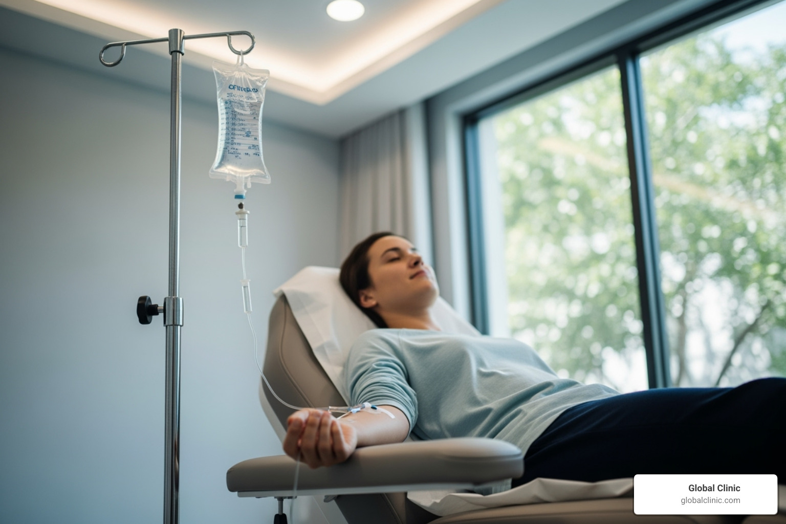 A patient relaxing comfortably while receiving an IV drip in a clinical setting - benefits of nad infusion