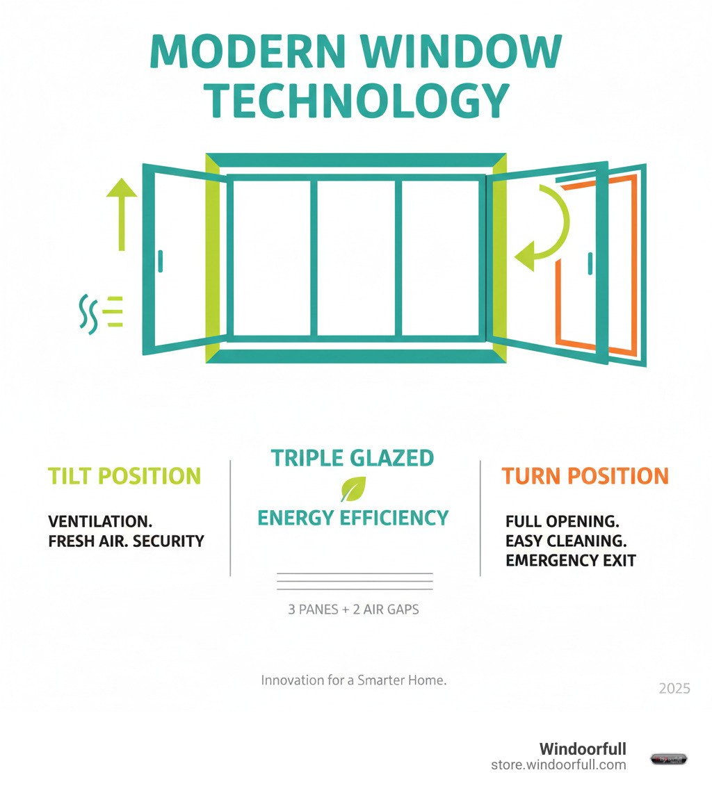 Image showing the window in both the 'tilt' position for ventilation and the 'turn' position for full opening - tilt and turn triple glazed windows