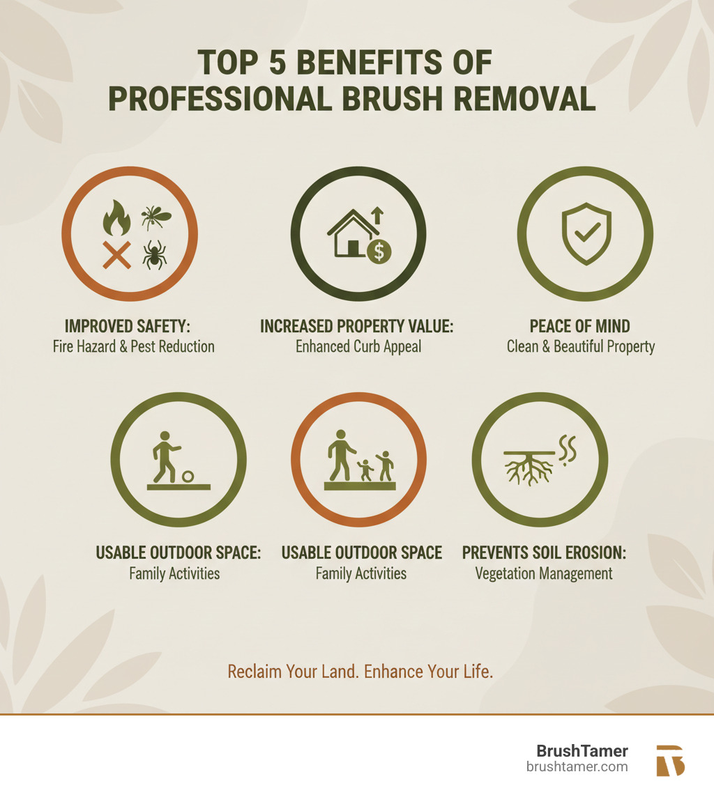Infographic showing the top 5 benefits of professional brush removal: improved safety through fire hazard reduction and pest elimination, increased property value from improved curb appeal, creation of usable outdoor space for family activities, and prevention of soil erosion through proper vegetation management - brush clean up services infographic  Infographic showing the top 5 benefits of professional brush removal: improved safety through fire hazard reduction and pest elimination, increased property value from improved curb appeal, creation of usable outdoor space for family activities, and prevention of soil erosion through proper vegetation management - brush clean up services infographic
