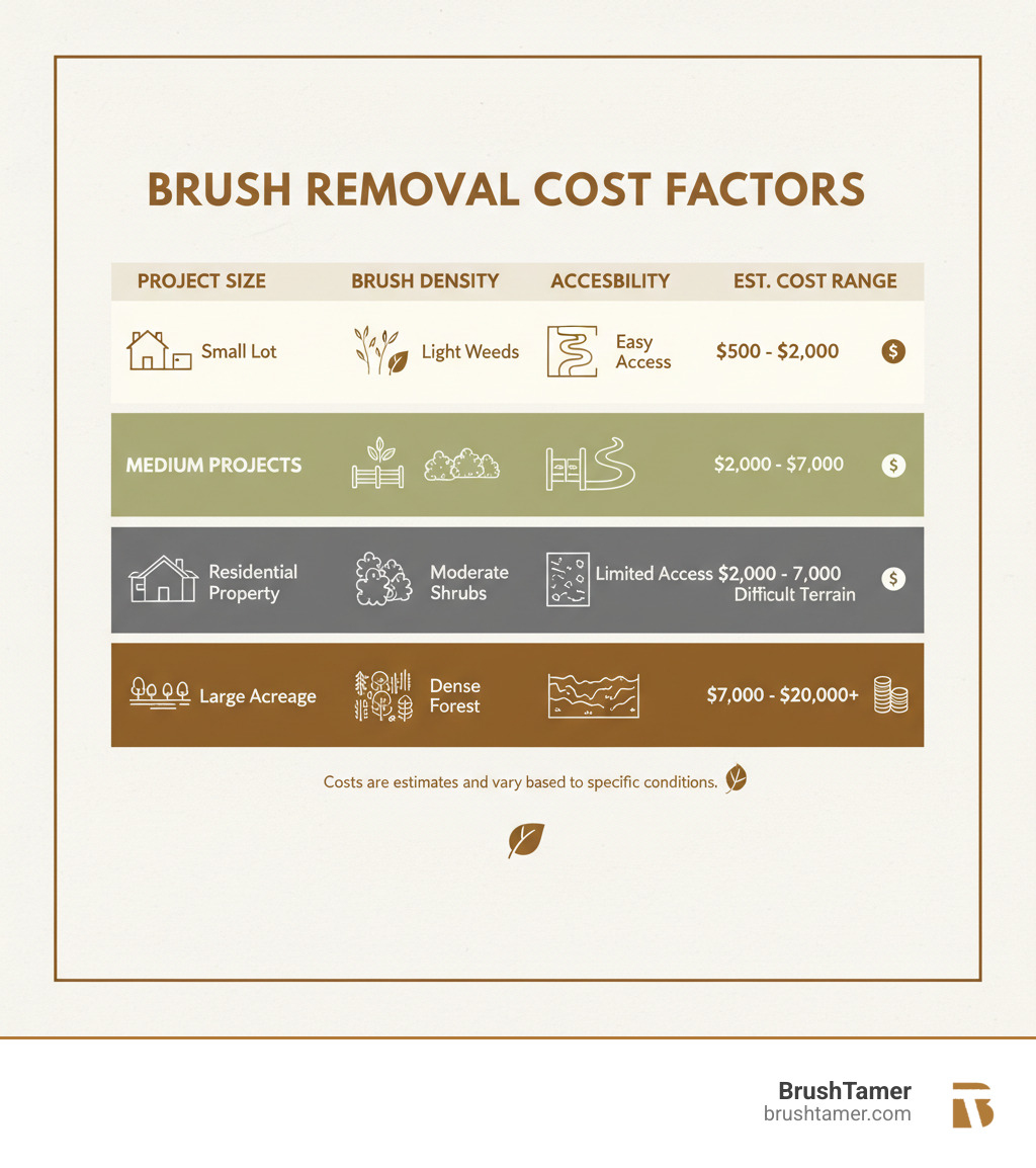 Infographic showing cost factors for brush removal: a table comparing small, medium, and large projects with columns for Project Size (e.g., small lot, residential property, large acreage), Brush Density (e.g., light weeds, moderate shrubs, dense forest), Accessibility (e.g., easy access, limited access, difficult terrain), and Estimated Cost Range (representative, non-specific values) - brush clean up services infographic  Infographic showing cost factors for brush removal: a table comparing small, medium, and large projects with columns for Project Size (e.g., small lot, residential property, large acreage), Brush Density (e.g., light weeds, moderate shrubs, dense forest), Accessibility (e.g., easy access, limited access, difficult terrain), and Estimated Cost Range (representative, non-specific values) - brush clean up services infographic