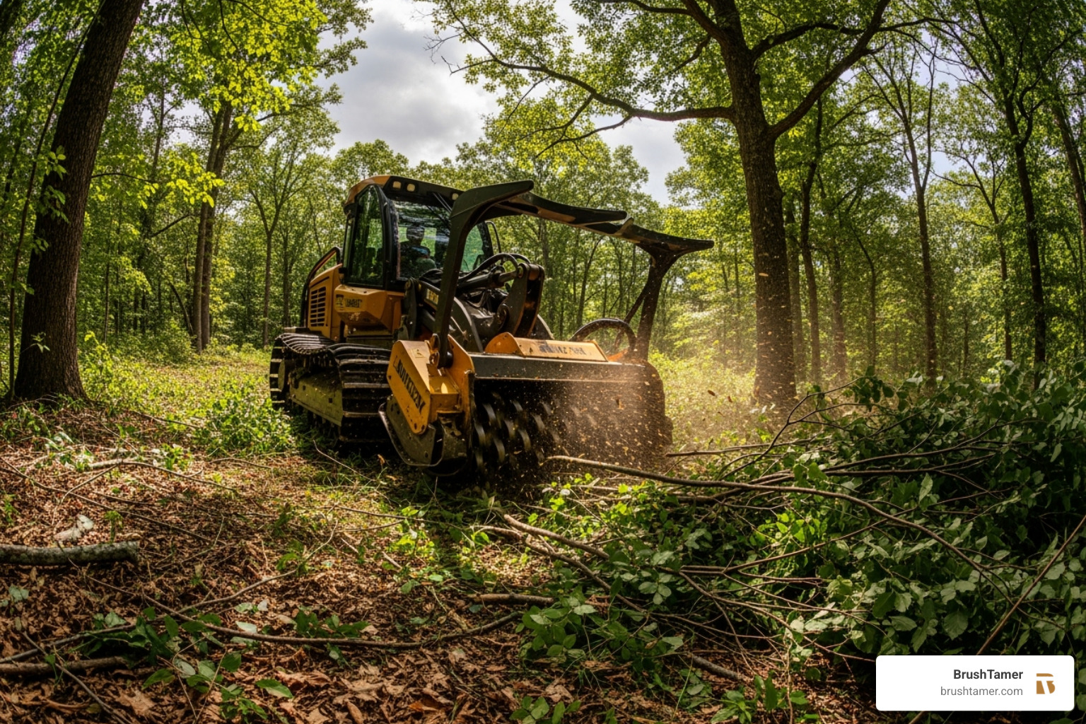 A powerful forestry mulching machine clearing dense undergrowth in a natural landscape - brush clean up services A powerful forestry mulching machine clearing dense undergrowth in a natural landscape - brush clean up services