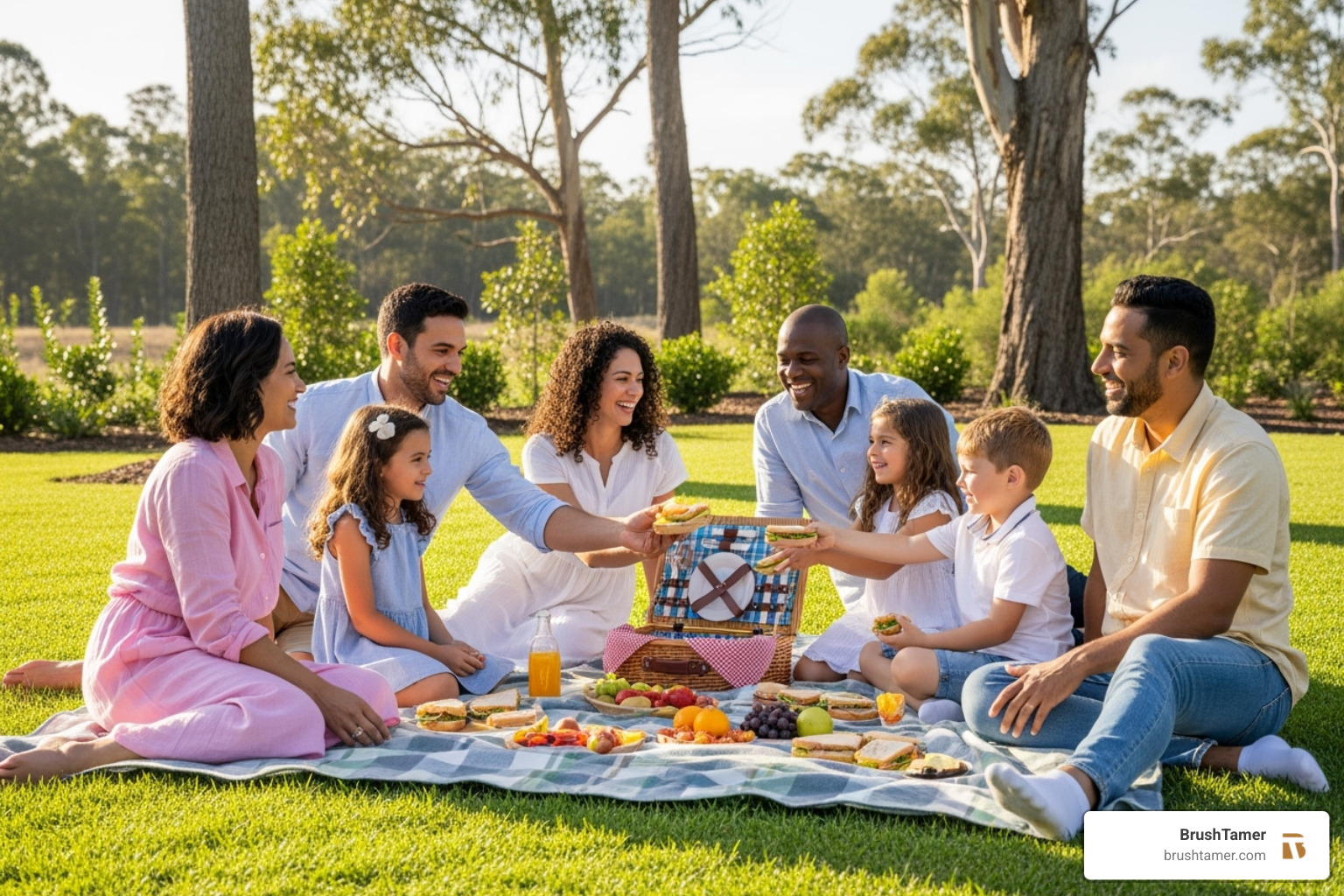 A diverse family enjoying a picnic in their newly cleared and spacious backyard, with lush green grass and distant trees - brush clean up services A diverse family enjoying a picnic in their newly cleared and spacious backyard, with lush green grass and distant trees - brush clean up services