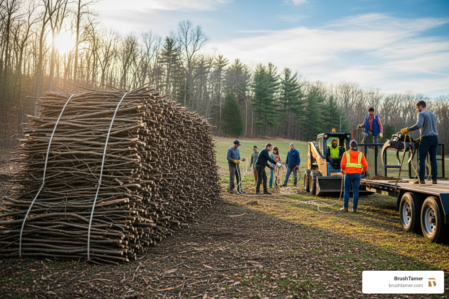 A neat pile of cleared brush and branches ready for hauling, with a professional crew in the background - brush clean up services A neat pile of cleared brush and branches ready for hauling, with a professional crew in the background - brush clean up services