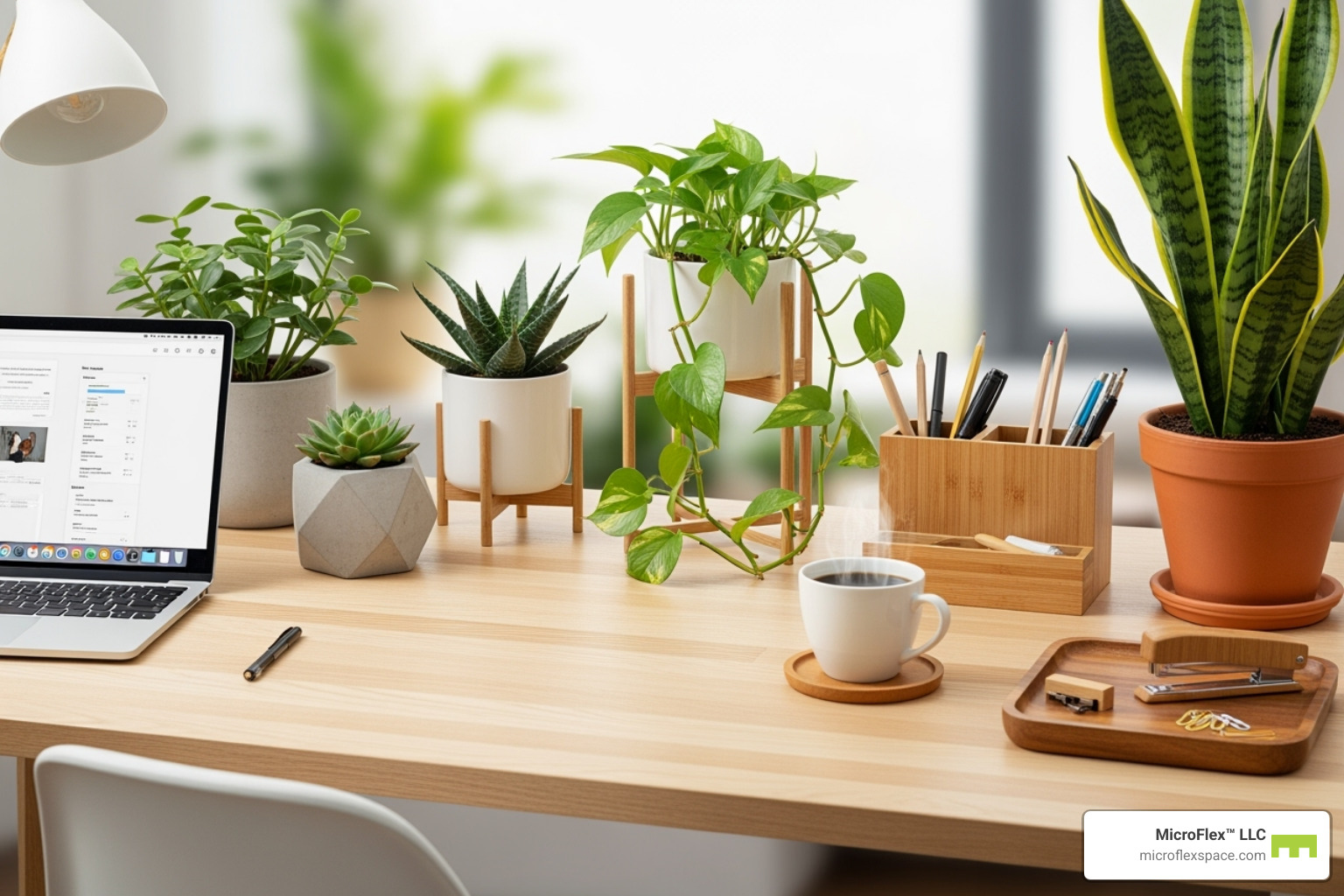 A modern desk with several well-placed plants and natural wood accessories - creative workspace A modern desk with several well-placed plants and natural wood accessories - creative workspace
