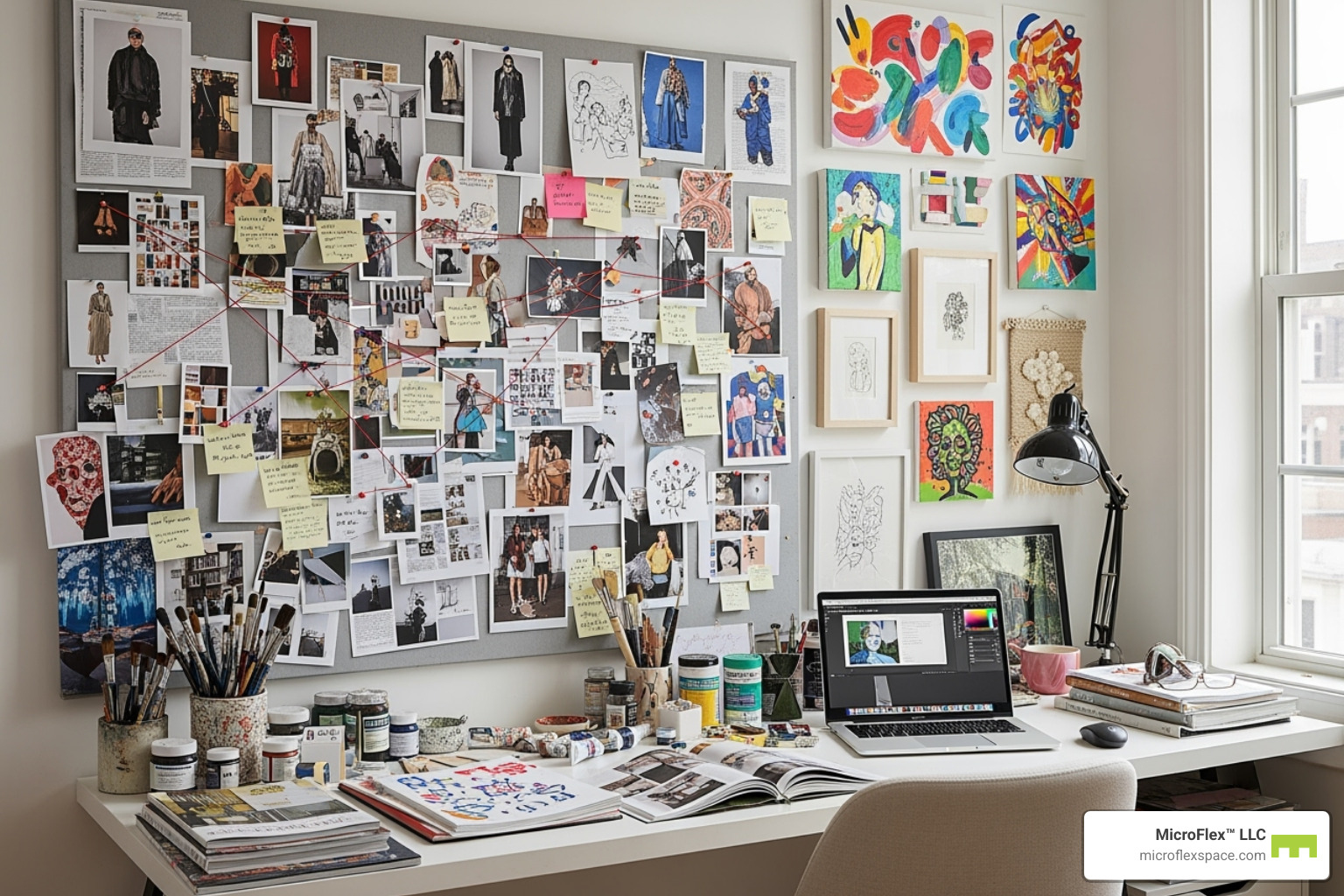A workspace with a large, detailed inspiration board and colorful art - creative workspace A workspace with a large, detailed inspiration board and colorful art - creative workspace