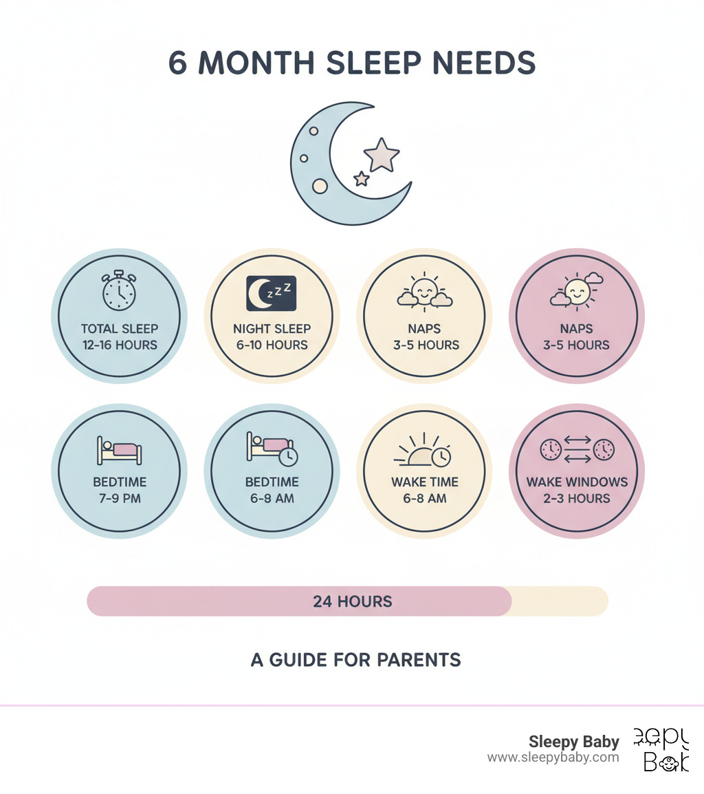 Infographic showing 6-month-old sleep needs: 12-16 hours total sleep per day, including 6-10 hours at night and 3-5 hours of naps, with typical bedtime between 7-9 PM and wake time between 6-8 AM, plus age-appropriate wake windows of 2-3 hours between sleep periods - 6 month old sleep training methods infographic 