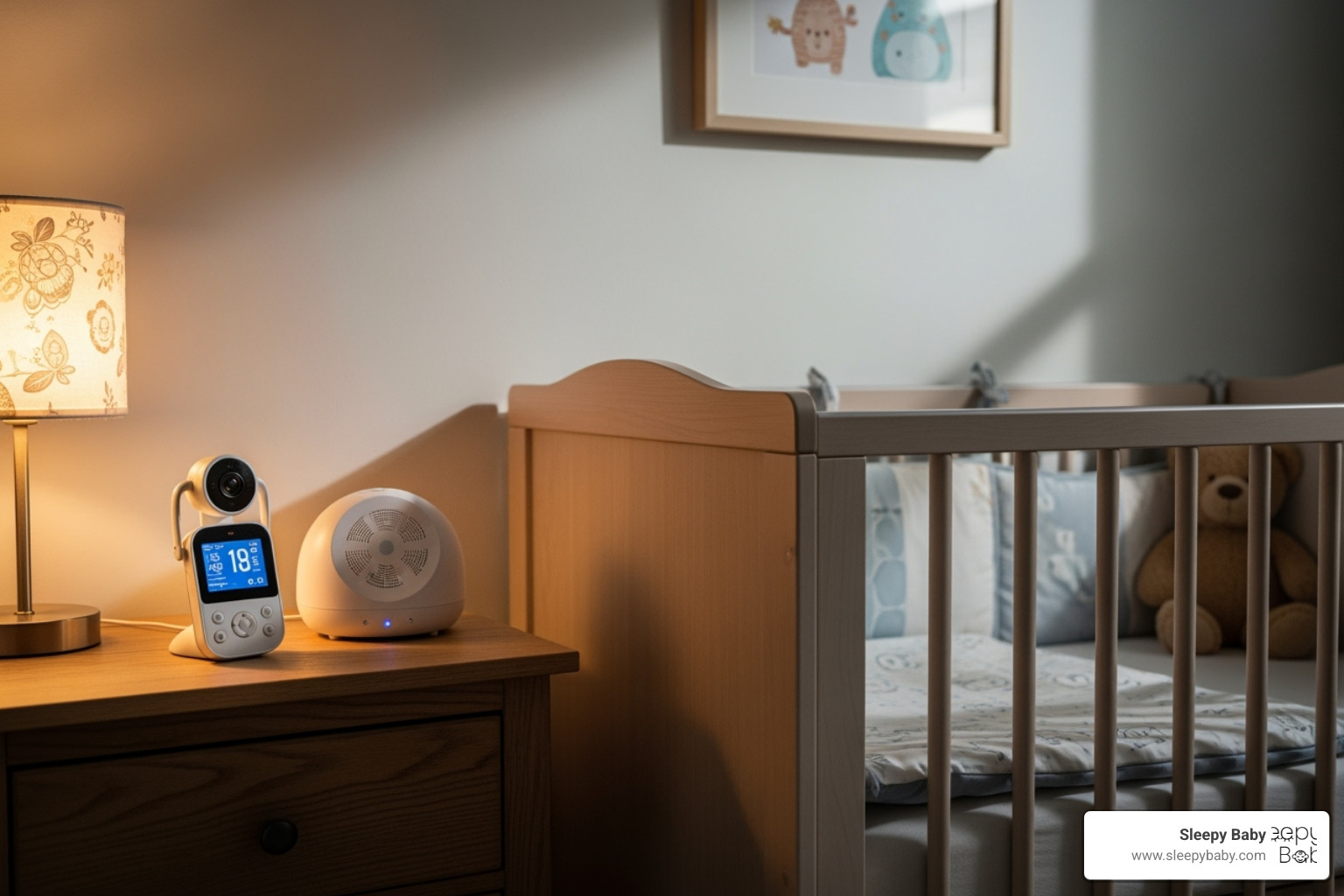 Baby monitor and a sleep aid on a nightstand - 6 month old sleep training methods