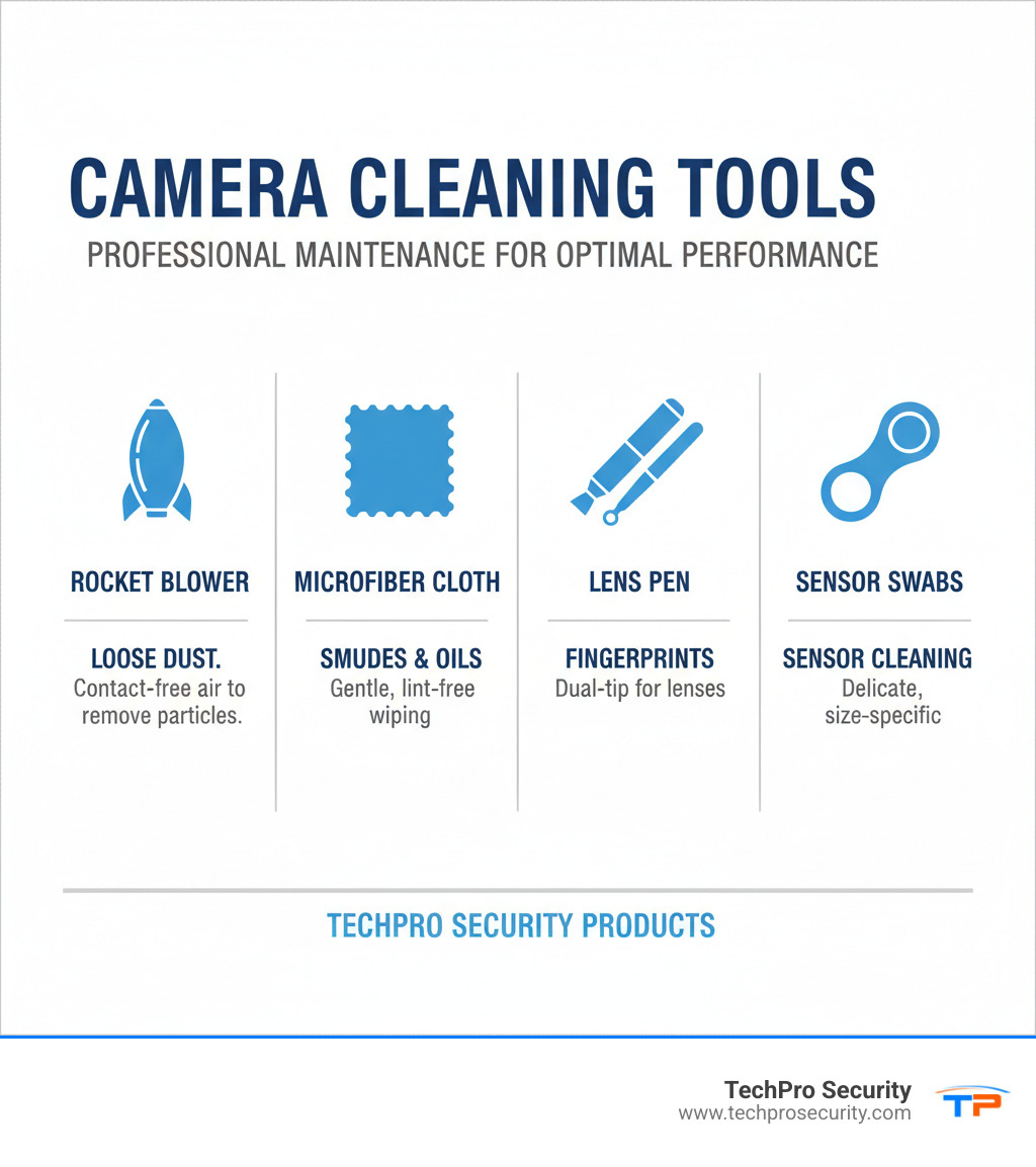 An infographic detailing the function of each camera cleaning tool: rocket blower for loose dust, microfiber cloth for smudges, lens pen for fingerprints, and sensor swabs for sensor cleaning. - Professional camera cleaning infographic 