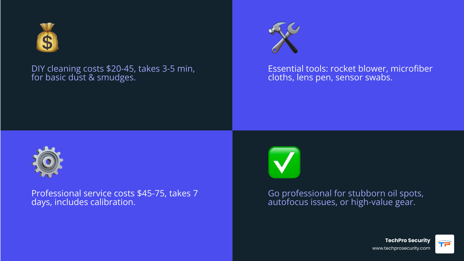 Comprehensive guide showing professional camera cleaning tools including rocket blower, microfiber cloths, lens cleaning pen, sensor swabs, and cleaning solution, with step-by-step cleaning process for both DIY and professional methods - Professional camera cleaning infographic 4_facts_emoji_blue