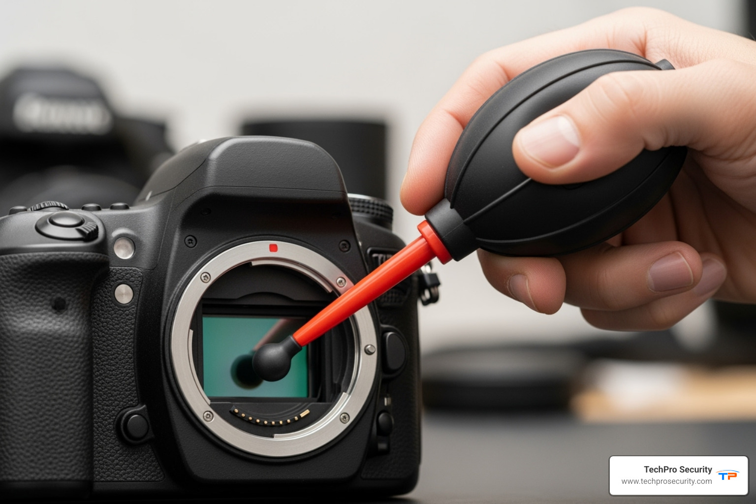 hand using rocket blower on camera body - Professional camera cleaning