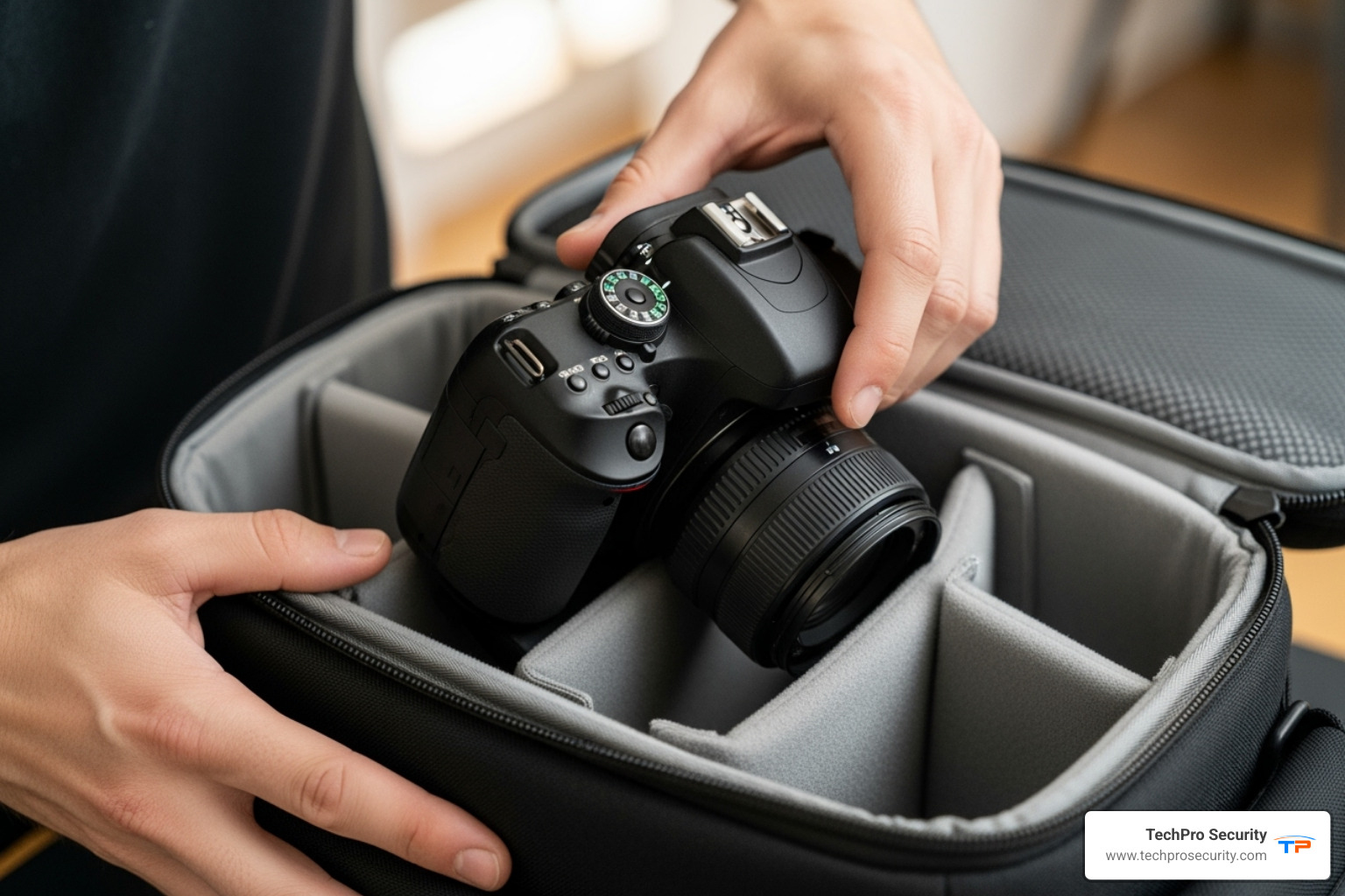 camera being placed into padded camera bag - Professional camera cleaning