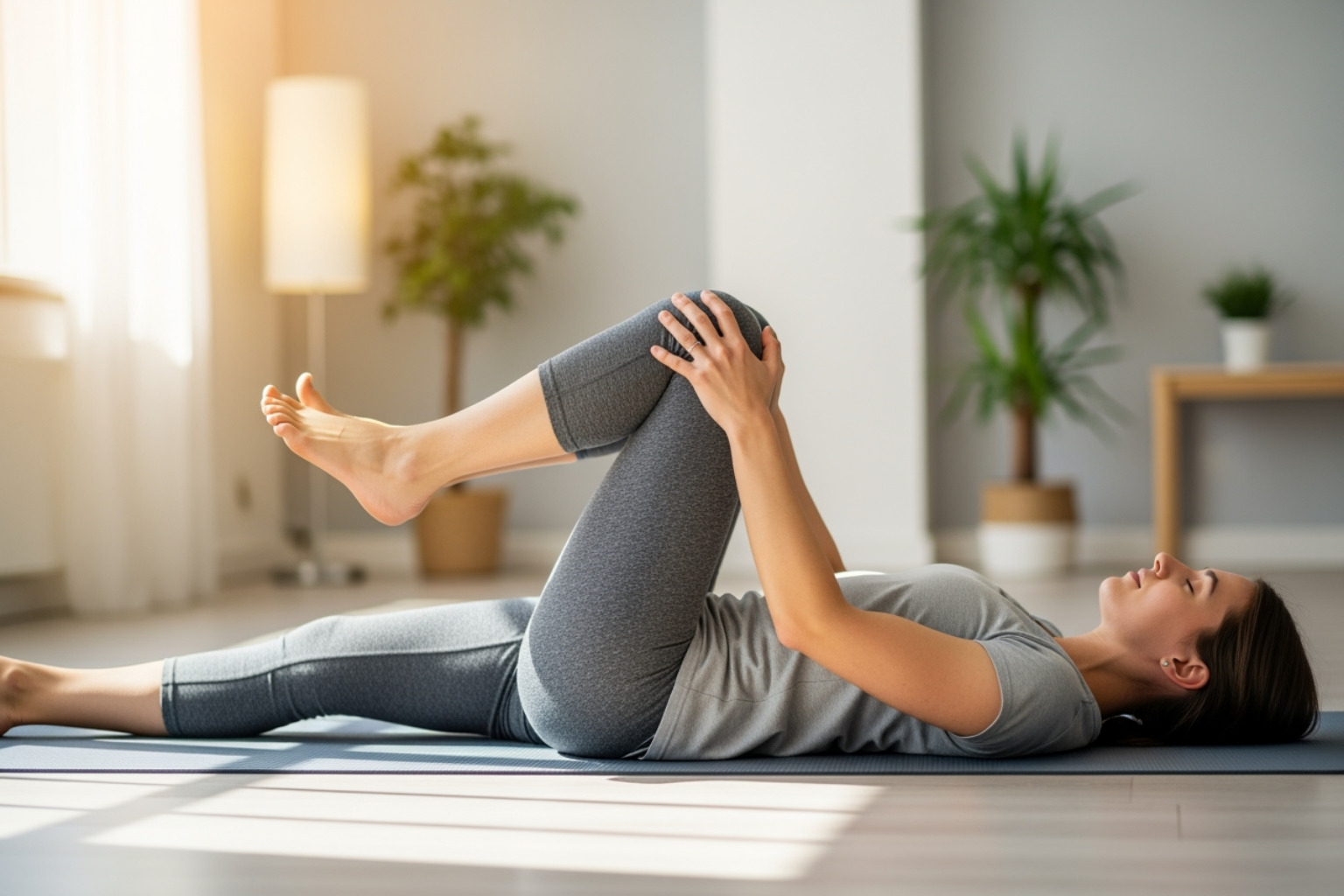 person doing a knee-to-chest stretch - sciatica relief