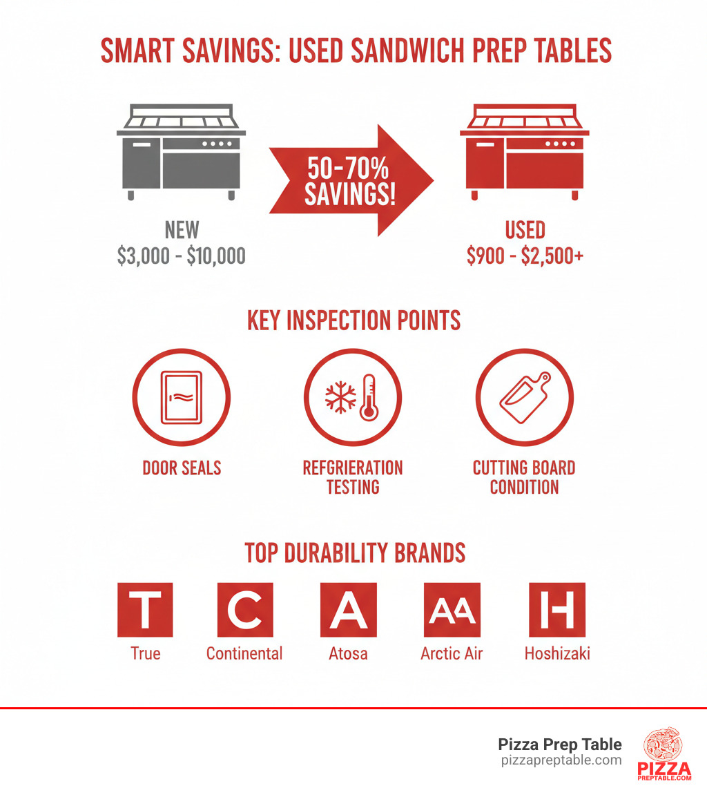 Infographic showing cost comparison between new vs used sandwich prep tables, highlighting 50-70% savings, key inspection points like door seals and refrigeration testing, and top recommended brands for durability - used sandwich station infographic  Infographic showing cost comparison between new vs used sandwich prep tables, highlighting 50-70% savings, key inspection points like door seals and refrigeration testing, and top recommended brands for durability - used sandwich station infographic