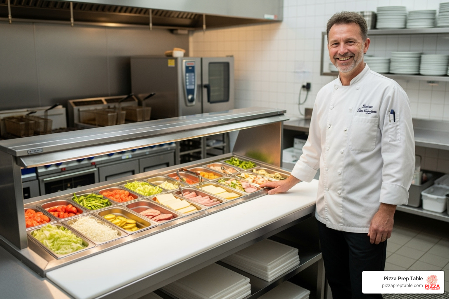 happy restaurant owner standing by their newly acquired prep table - used sandwich station happy restaurant owner standing by their newly acquired prep table - used sandwich station
