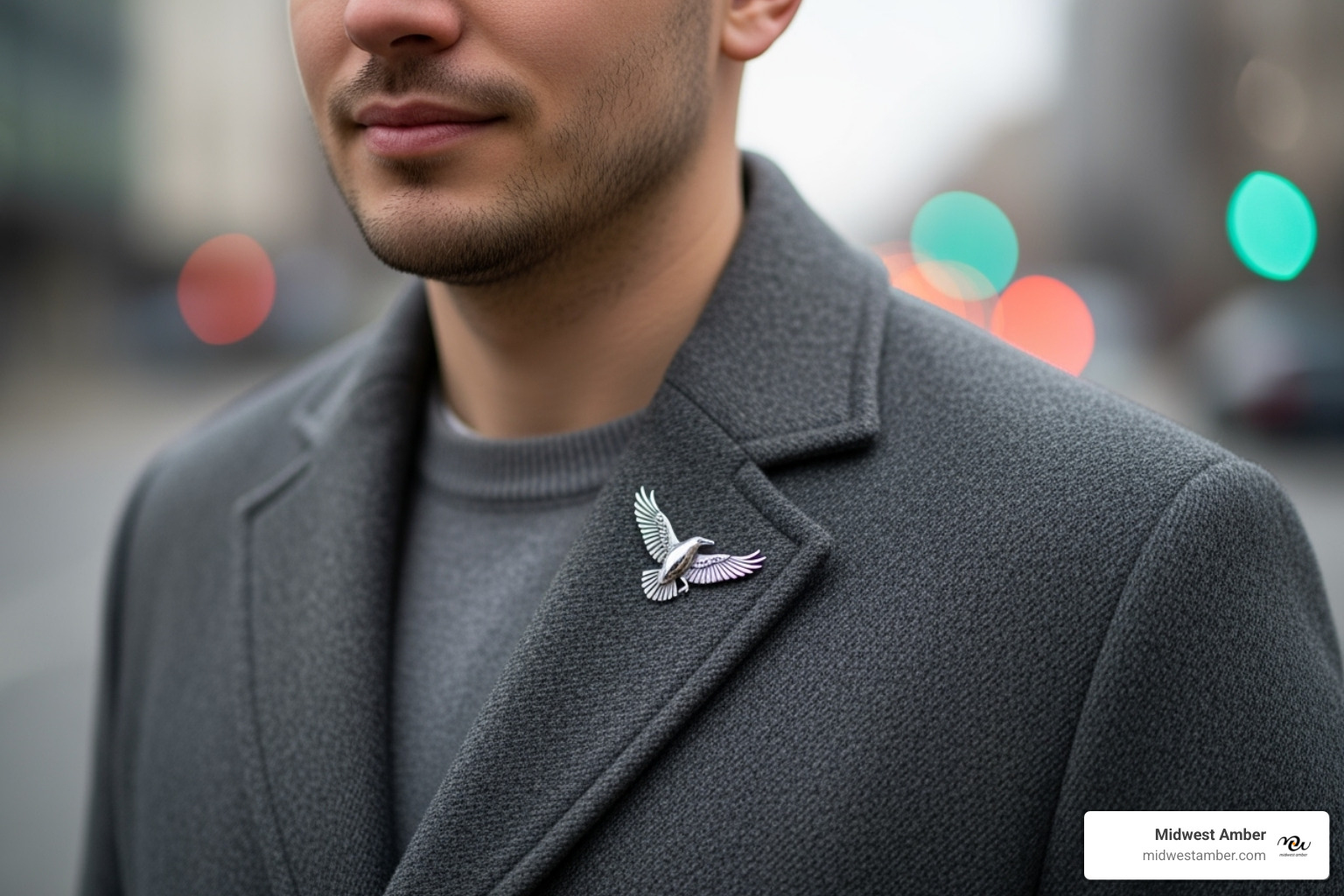 person stylishly wearing a sterling silver pin on the lapel of a wool coat - sterling silver pin