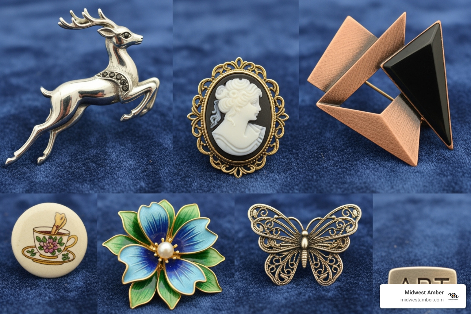 A collage of various ornamental pin styles, including a cameo, a vintage animal brooch, a floral enamel pin, and a modern abstract design - ornamental pin
