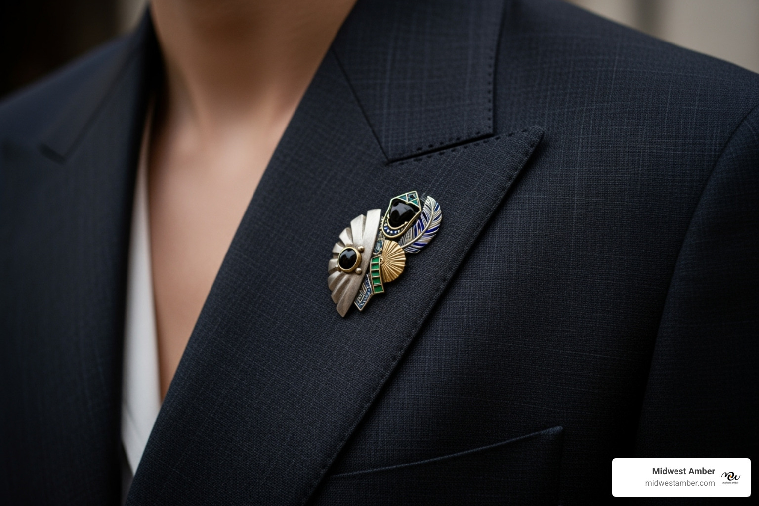 A stylish individual wearing an ornamental pin on the lapel of a custom blazer, showcasing how a pin can lift an outfit - ornamental pin