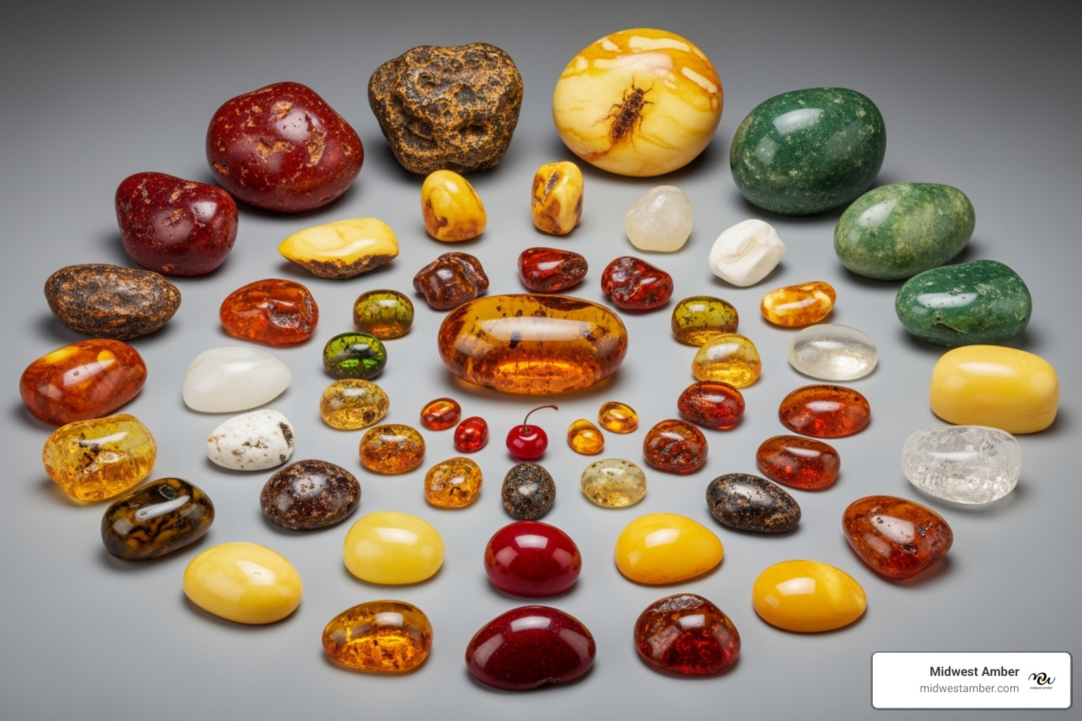 A display of various amber pieces showcasing a wide range of colors, including deep red, sunny yellow, earthy green, and milky white - Amber drop earrings