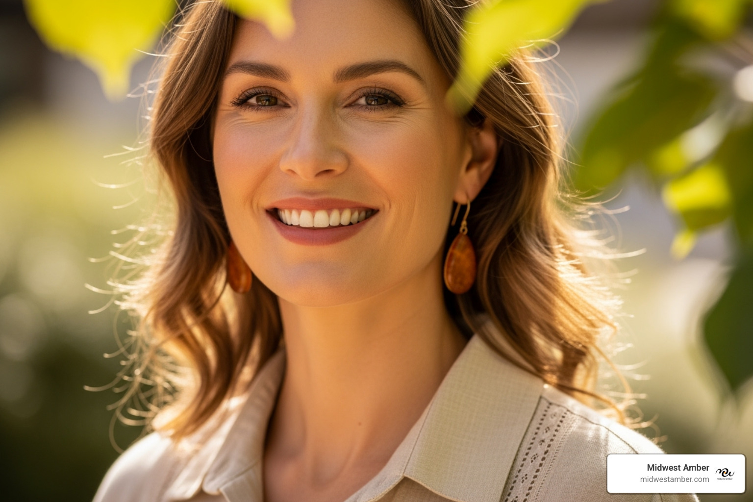 A person with a warm, inviting smile, wearing neat amber drop earrings that perfectly complement their natural-toned outfit - Amber drop earrings