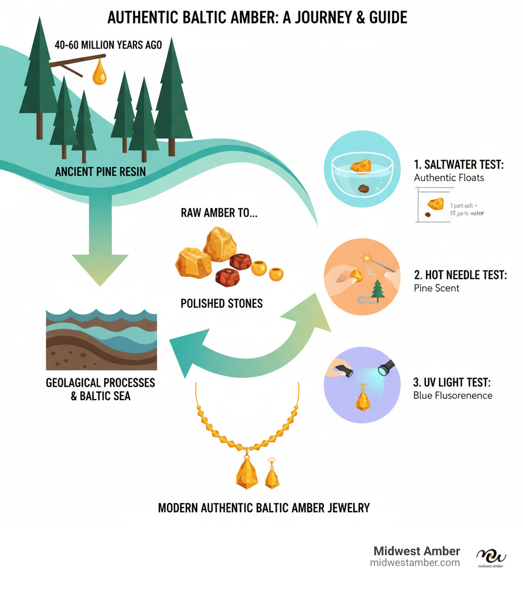 Comprehensive guide showing the journey from 40-60 million year old pine tree resin through geological processes to modern authentic Baltic amber jewelry, including visual authentication tests like saltwater flotation, hot needle pine scent test, and UV fluorescence detection - Authentic amber jewelry infographic  Comprehensive guide showing the journey from 40-60 million year old pine tree resin through geological processes to modern authentic Baltic amber jewelry, including visual authentication tests like saltwater flotation, hot needle pine scent test, and UV fluorescence detection - Authentic amber jewelry infographic
