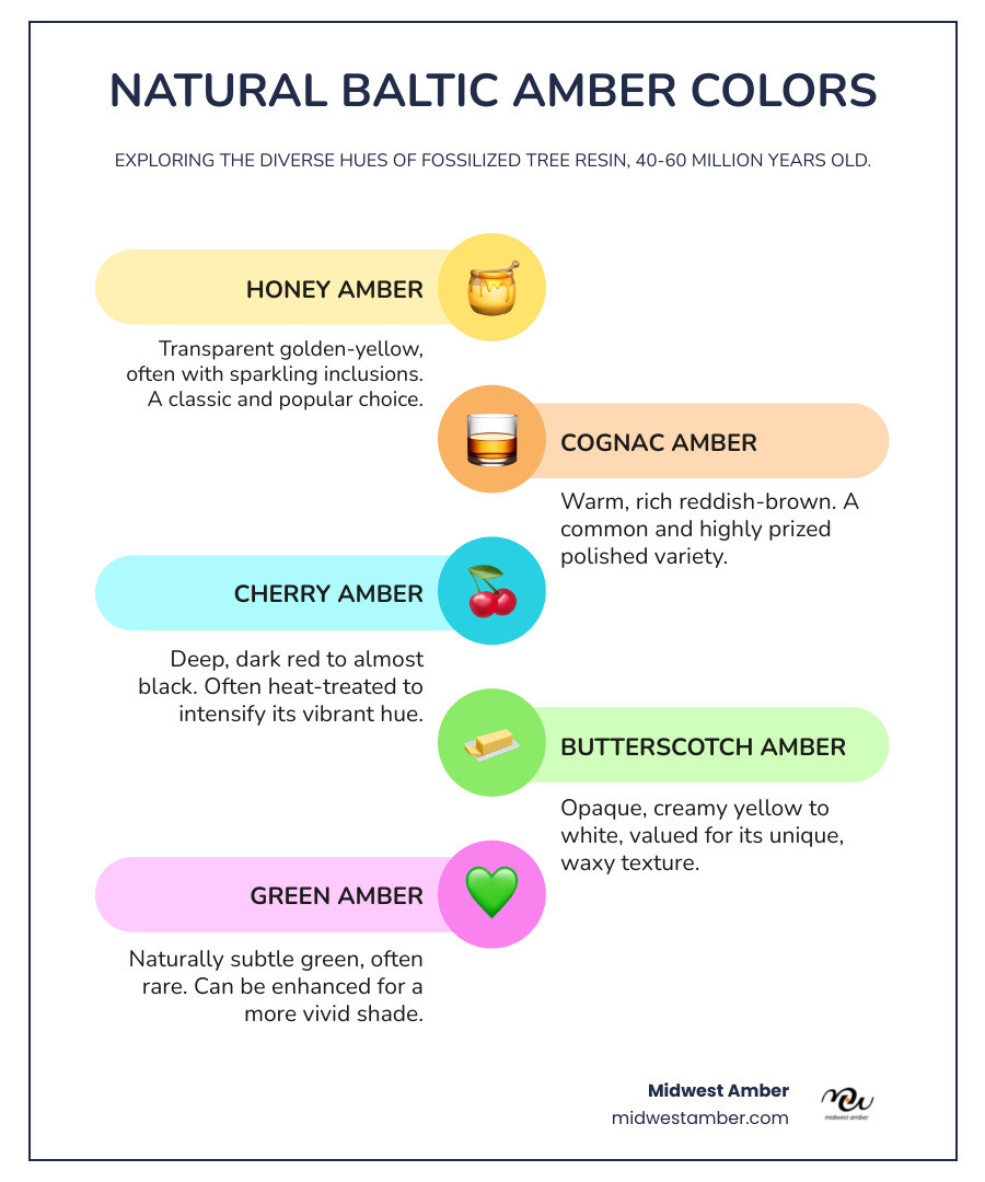 Infographic showing the different natural colors and types of Baltic amber available in Chicago, including honey, cognac, cherry, butterscotch, and rare green amber varieties with their formation ages and typical price ranges - amber jewelry Chicago infographic infographic-line-5-steps-colors