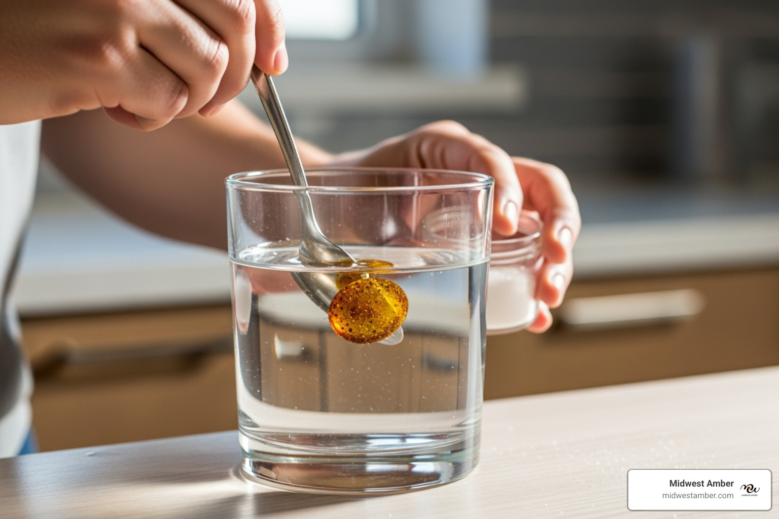 person performing a saltwater test on an amber bead - Authentic amber jewelry person performing a saltwater test on an amber bead - Authentic amber jewelry