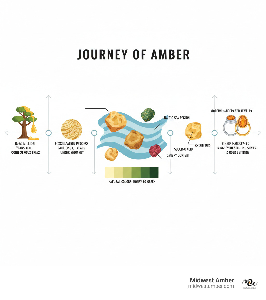 Infographic showing the journey of amber from ancient coniferous trees 45-50 million years ago through fossilization process to modern handcrafted jewelry, highlighting Baltic Sea region, succinic acid content, natural colors from honey to green, and final craftsmanship into rings with sterling silver and gold settings - amber ring for women infographic 
