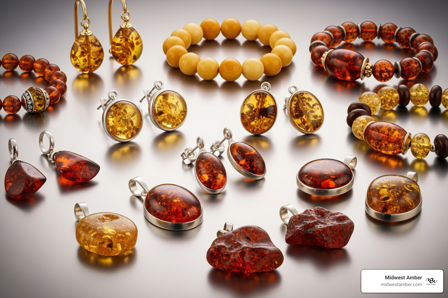 various amber jewelry pieces like earrings, bracelets, and pendants laid out - amber jewelry Chicago