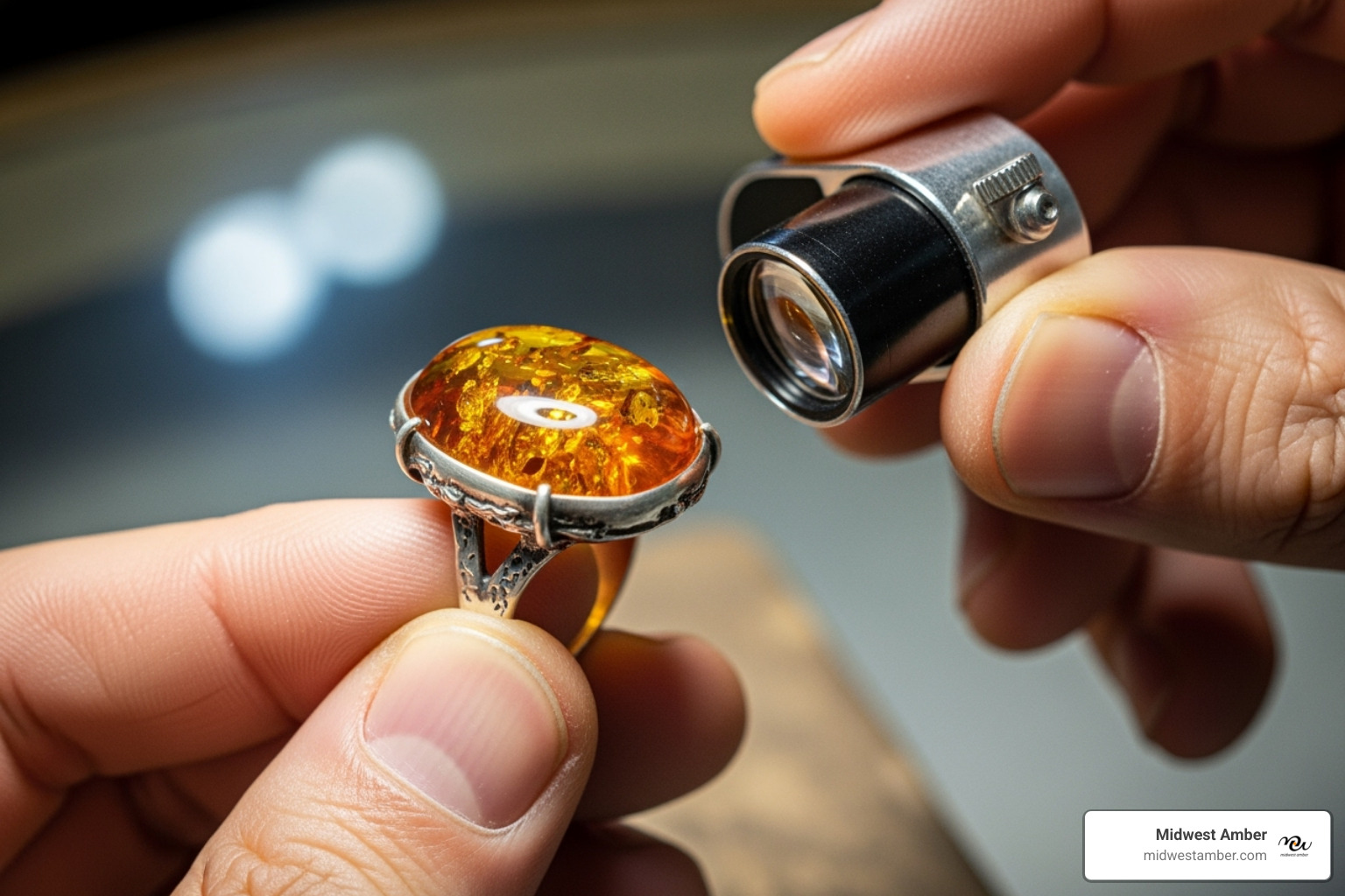 person examining an amber ring with a jeweler's loupe - amber jewelry Chicago