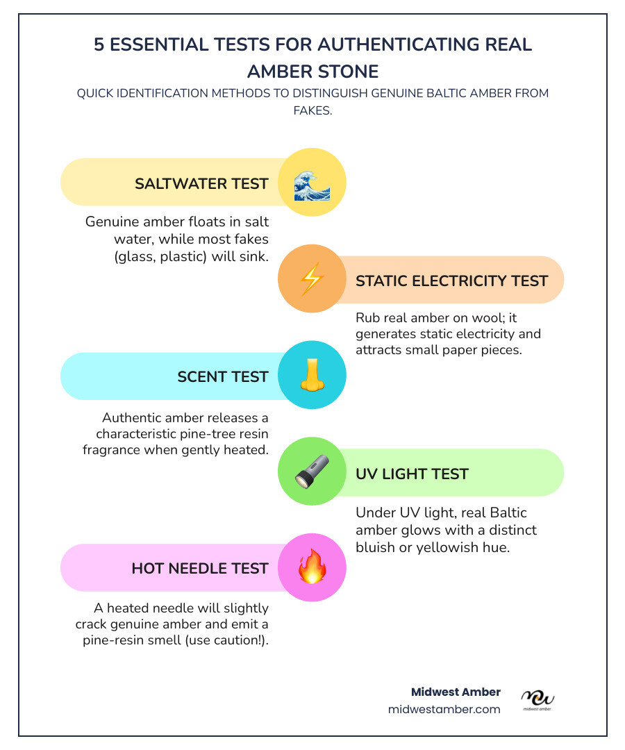 Infographic showing the 5 essential tests for authenticating real amber stone: saltwater float test, static electricity test using wool, scent test with heating, UV light reaction test, and hot needle test with pine resin smell identification - Real amber stone infographic infographic-line-5-steps-colors