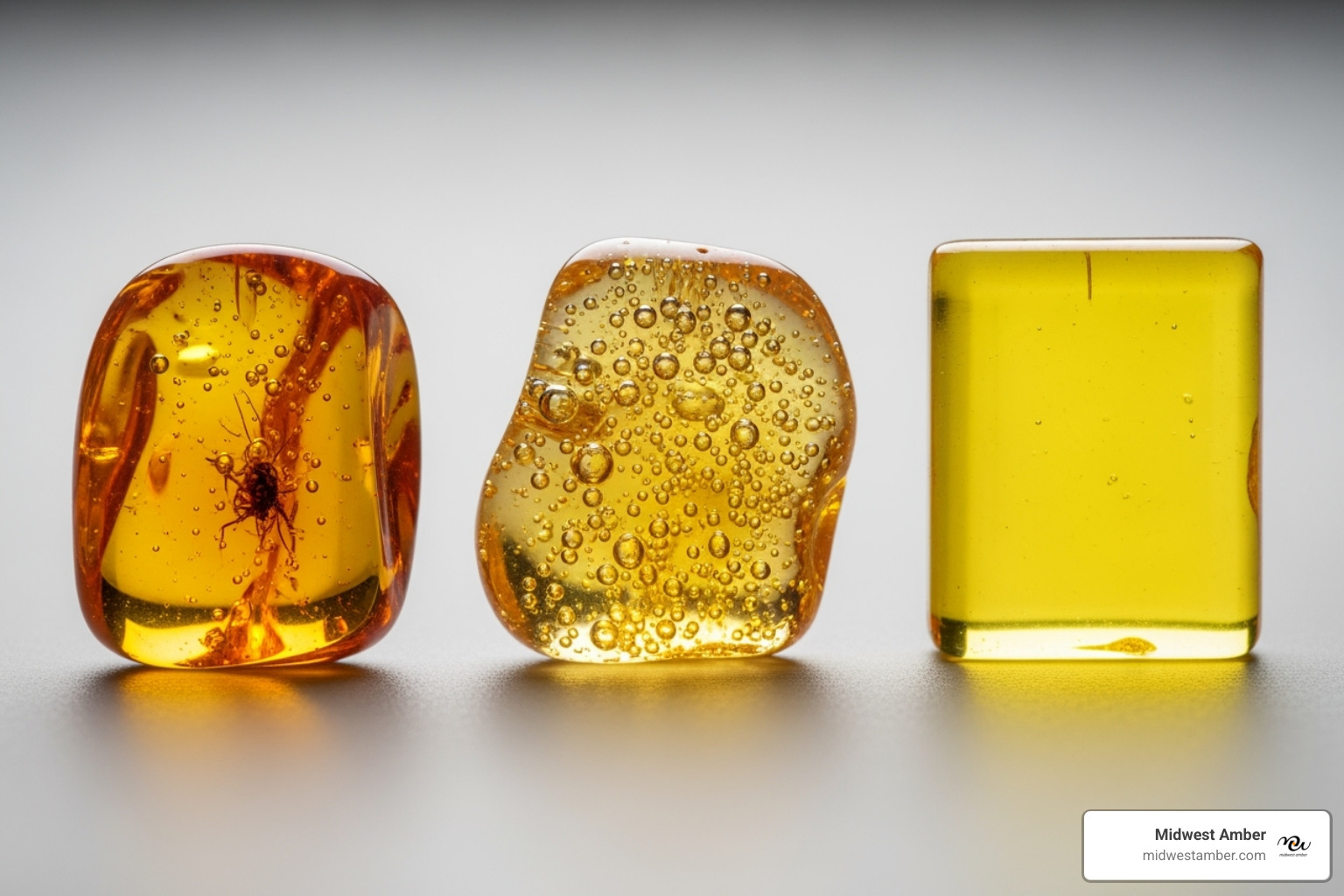Infographic comparing the properties of Baltic Amber, Copal, and Plastic across various tests like hardness, scent, UV reaction, and saltwater test - Real amber stone