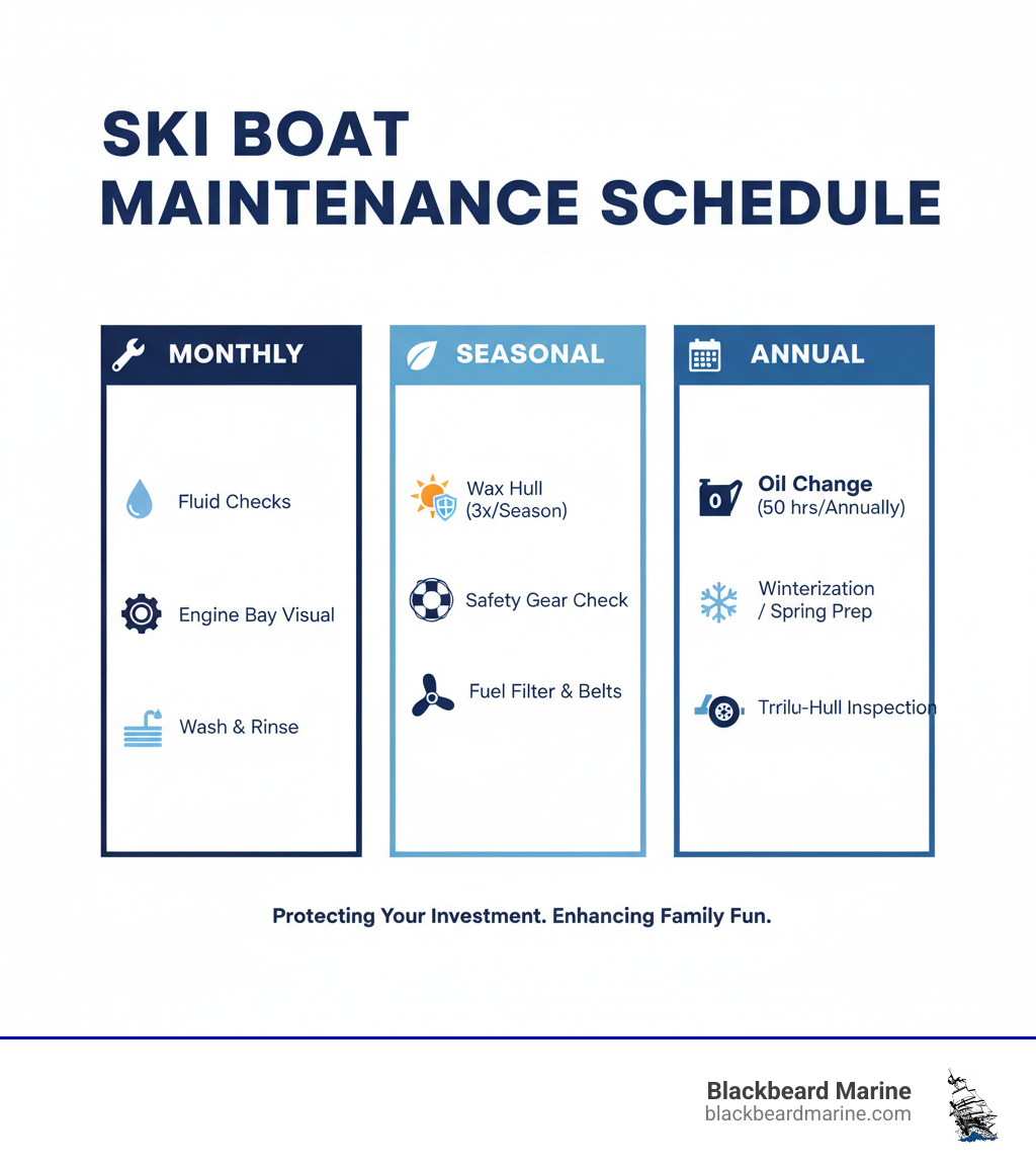 Comprehensive ski boat maintenance schedule showing monthly, seasonal, and annual maintenance tasks with icons for engine care, hull protection, safety checks, and winterization procedures - Ski boat maintenance tips infographic 