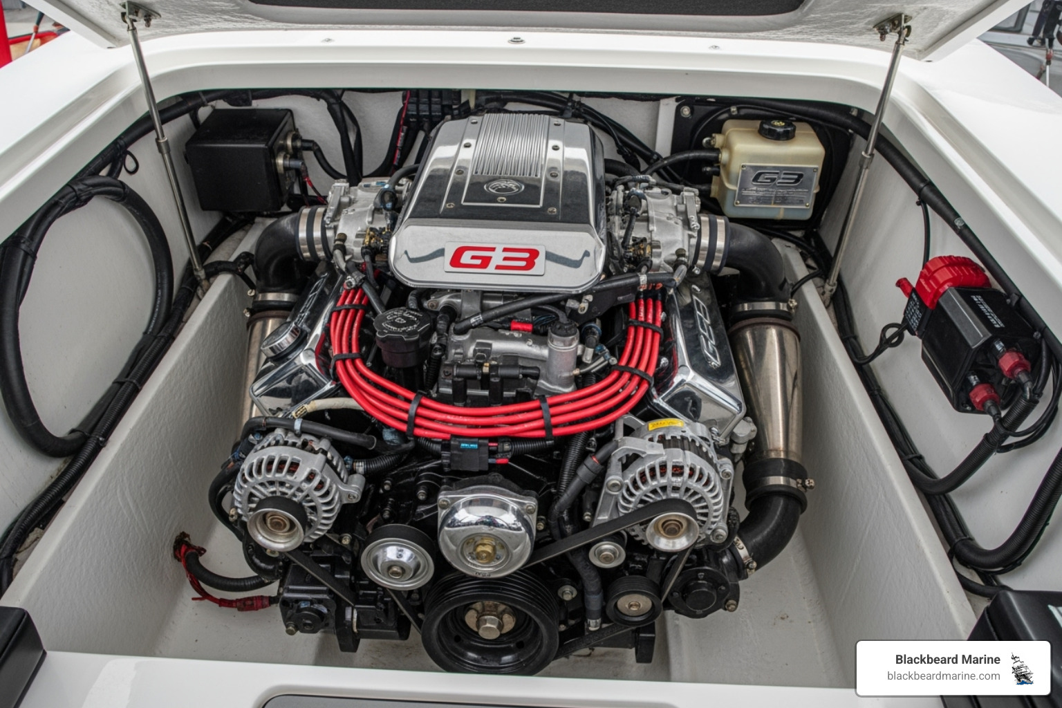 Clean inboard ski boat engine compartment of a G3 model - Ski boat maintenance tips