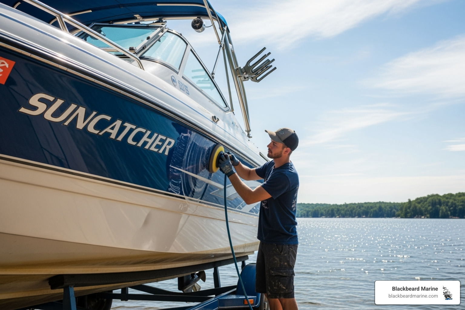 Person waxing the hull of a Suncatcher ski boat - Ski boat maintenance tips
